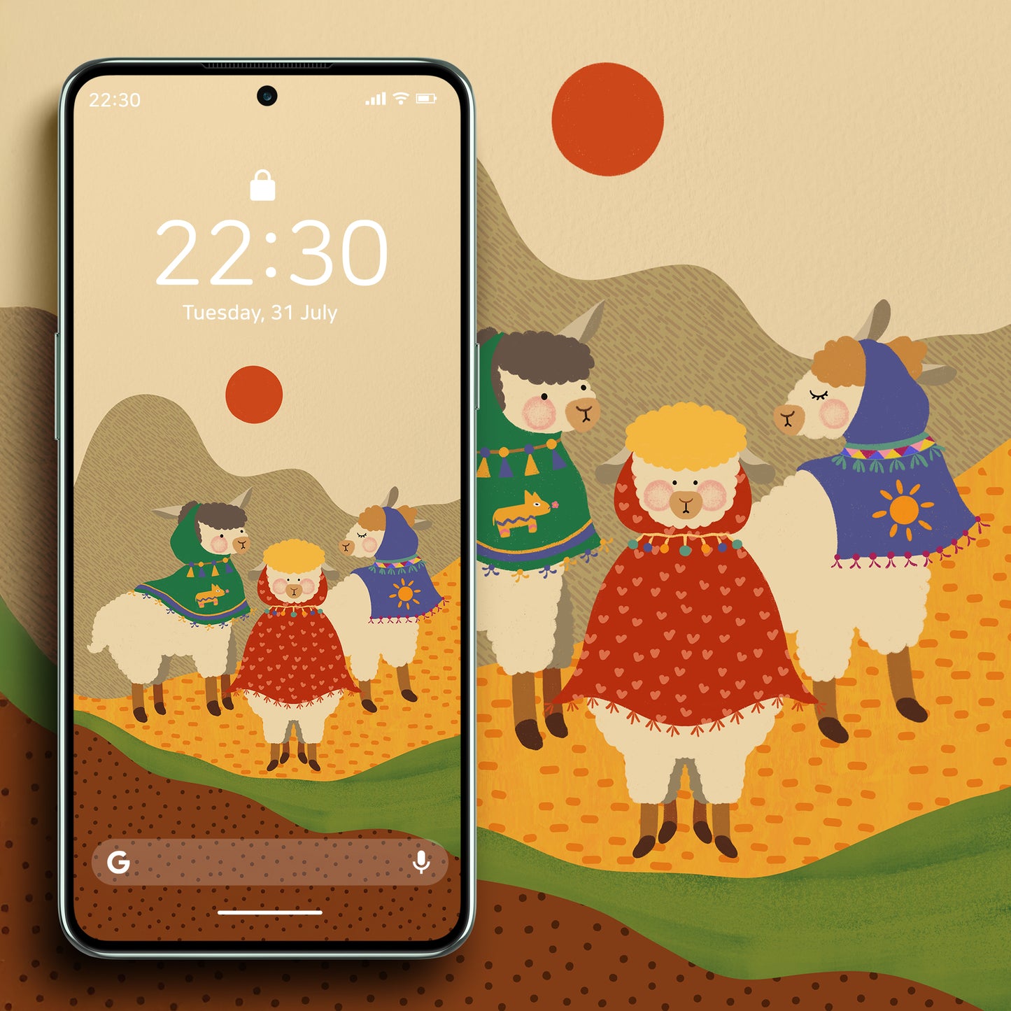 Cute Llamas With Mountains & Ponchos - Phone Wallpaper