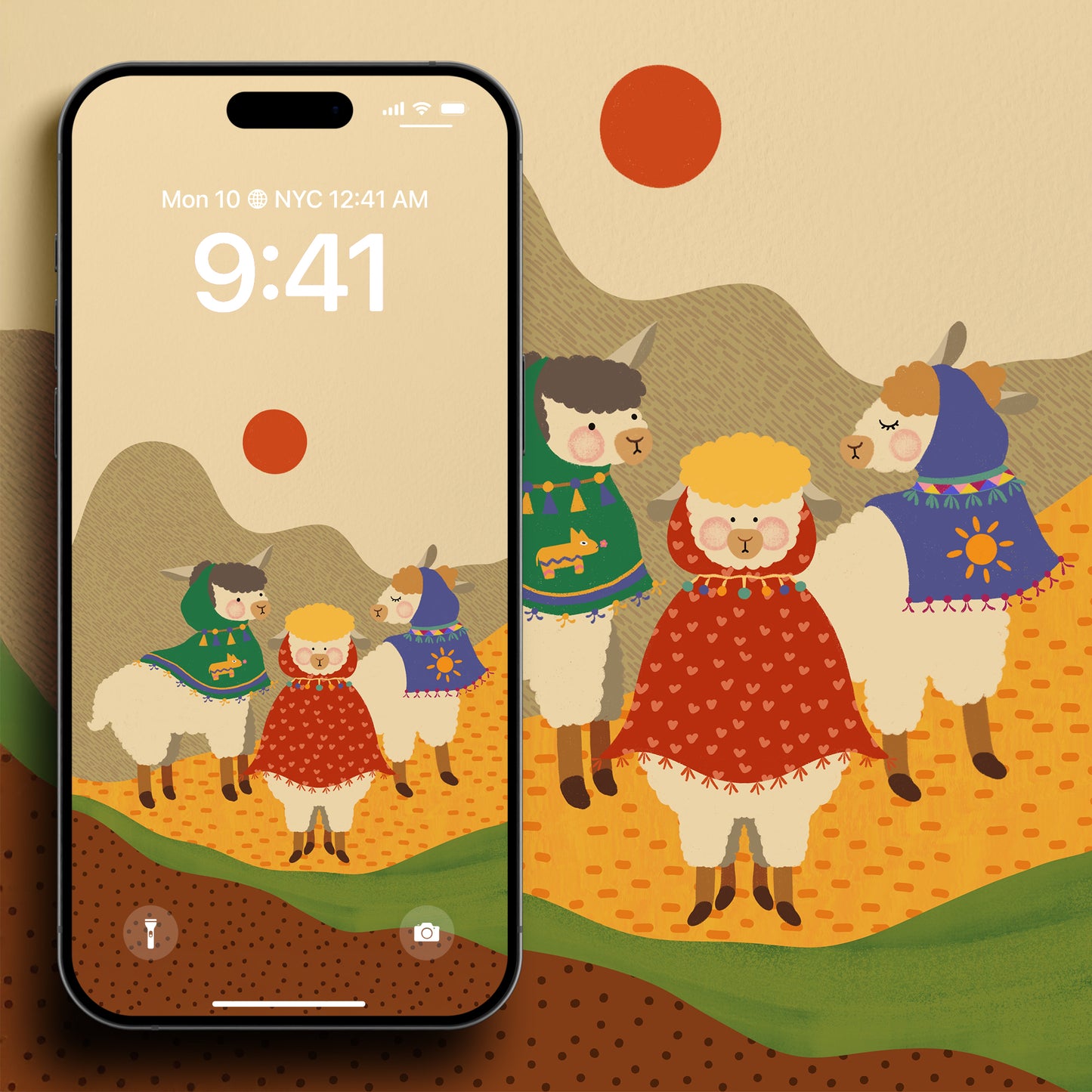 Cute Llamas With Mountains & Ponchos - Phone Wallpaper